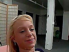 Teen blonde babe enjoys having her pretty face sprayed with cum