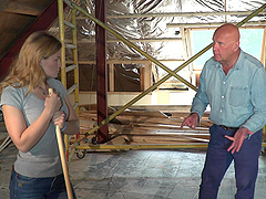 Old bald man seduced by teen babe Jenny into a hard fuck