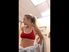 Sporty blonde amateur teen Angelina flashes her tits in public