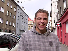 Pale blonde cutie Monika L gives stranger a kinky clothed handjob