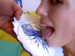 Redhead amateur teen slut licks cum off of a coffee plate