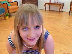 Blonde teen whore Lucette Nice bends over in stockings for a dick