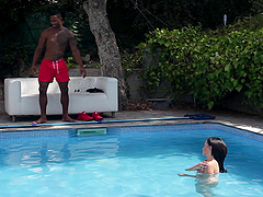 Brunette babe Gina Ferocious seduced by a black guy in the pool