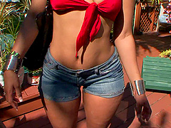 Buxom Latina babe Miyamme Spice riding black dick outdoors