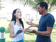 Pale petite cutie Bambi Black swallows cum outdoors