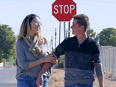 sexy brunette Kissa Sins is surprised with friend's strong dick in her cunt