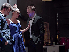 Blonde glamorous babe Blue Angel takes two loads in a MMF threesome