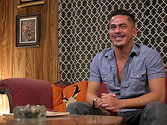 Gay dude enjoys sucking a dick while tied up on the sofa. HD