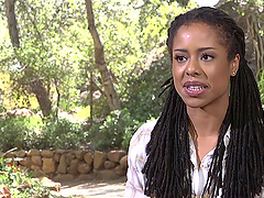 Petite ebony Kira Noir tied up and fucked by a long white dick