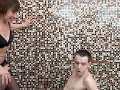 Mature slut in black stockings spreads her legs for a big dick