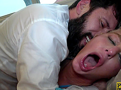 Hardcore threesome fucking with cum loving mature London River