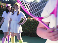 Quickie fucking in outdoors with 3 provocative hotties and one guy