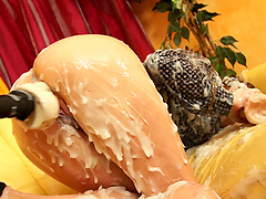 Horny slut Scarlet Richie sucks a large fake dick and moans