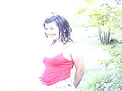 Solo Asian model Loretta Lee loves pleasuring her puss in outdoors