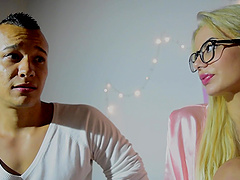 Blonde bombshell is ready for hard fuck from behind on the bed