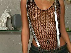 Bodacious blonde in her fishnets toying with her thatch