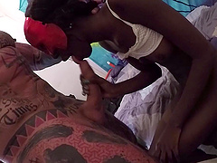 Ebony amateur takes money to have sex with a tattooed stranger