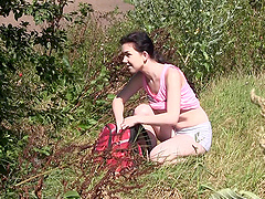 Horny brunette Chrissy Fox masturbates using her dildo and a dirty mind