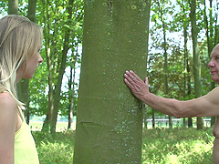 Old guy with a fat cock drills pussy of Lily Ray in the forest