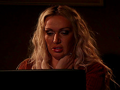 Busty blonde Amber Jayne spreads her long legs for a strong penis