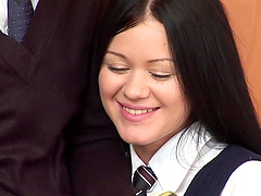 Lesbian girl gets her pussy filled with a big dildo in the library