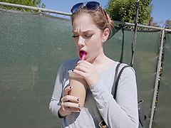 Outdoor fucking with shaved pussy model Bobbi Dylan and a stranger