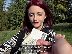 Cute redhead Lola Fae drops on her knees to give a BJ for money