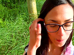 Brunette chick Ashely Ocean with glasses having sex in outdoors