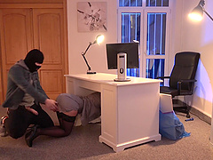 Secretary hides under the table and gets fucked by a robber