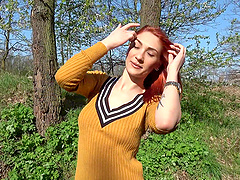 Redhead hottie Luna Melba with a nice tattoo fucked in the woods