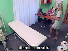 Naughty nurse drops on her knees to pleasure patients manhood