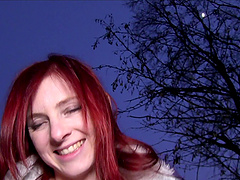 Kinky redhead cutie Snow drops her panties to be fucked in outdoors