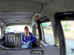 Hardcore fucking in the back of the taxi with a slutty blonde babe
