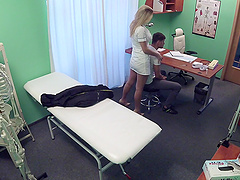 Nurse takes a hard cock of her patient in her mouth and cunt