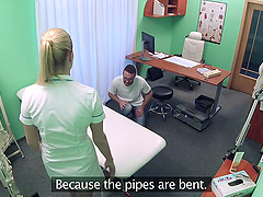Hardcore fucking between a handsome dude and a sexy blonde nurse