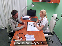 Blonde doctor turns around to be fucked by her handsome patient