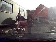 Quickie fucking behind the car between a cop and Candi Coxx