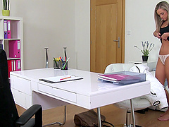 Female agent moans from pleasure having sex with Cristal Caitlin