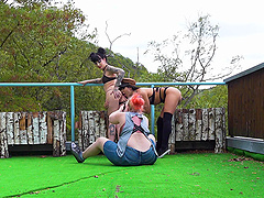 Kinky outdoors lesbian video with 2 handsome babes and Charlotte Sartre