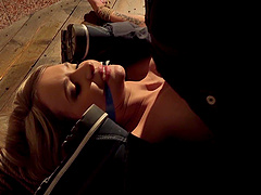 Tied up Angel Piaff moans while her boyfriend pleases her cunt