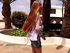 Amateur brunette Angel B pleasures her pussy in outdoors by the pool