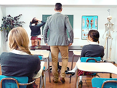 Nasty teacher puts his cock in mouths ouf Kimber Woods and Kristen Scott