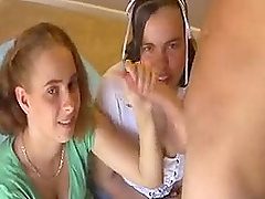 POV amateur video of a large dick dude getting pleasured by 2 girls