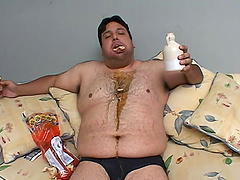 Dirty fat guy eats a cake and fucks nice tits amateur Crissy Cums