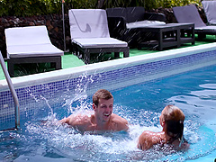 Horny babe Silvia Dellai gives a BJ and rides a cock by the pool