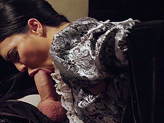 Busty brunette pornstar spreads her legs to be ass fucked