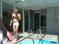 Dirty old guy drops on his knees to blow two younger guys