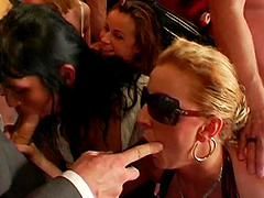 Dirty sluts drop their panties to be fucked by lot of studs