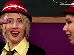 Dirty sluts Kirsty Travis and Louisa Moon give head to one man