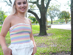 Handsome blondie Aria takes off her panties in public to play